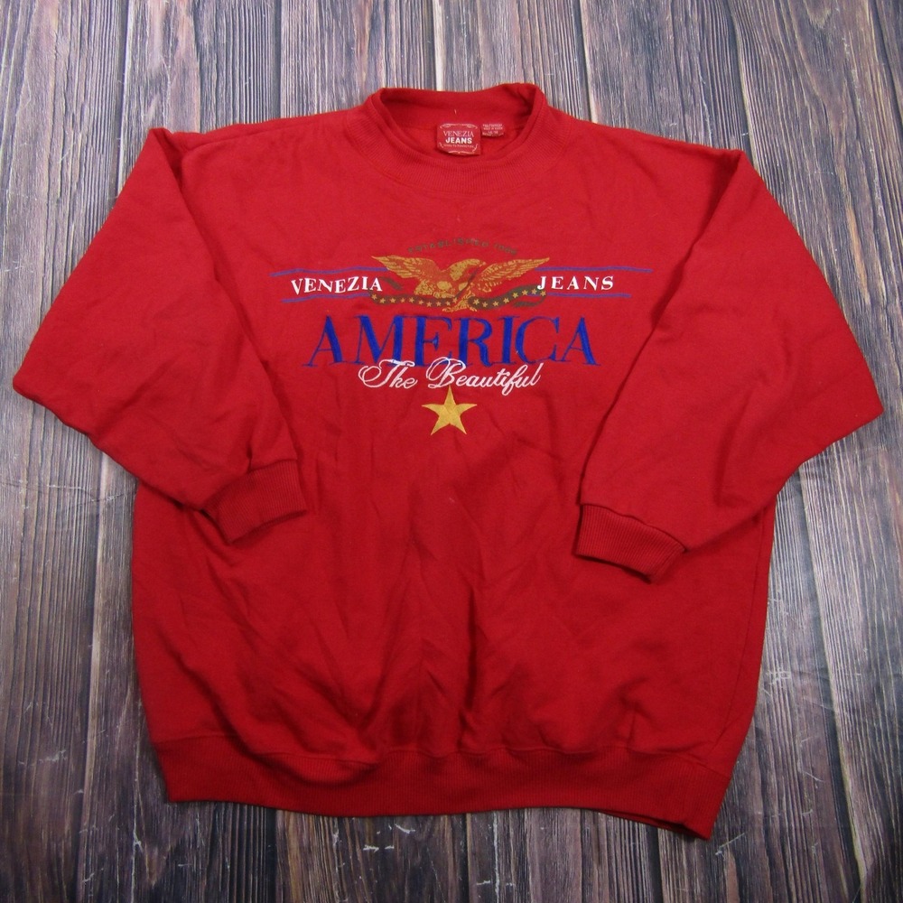 Venezia Jeans Sweatshirt Mens XL Red Fleece Crewneck America Eagle USA Graphic